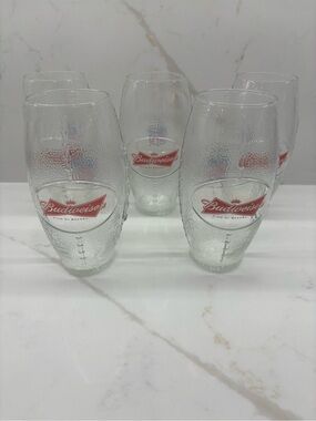 Set of 5 NFL BUDWEISER Textured Beer Football Shape Glasses Red White Blue Logo